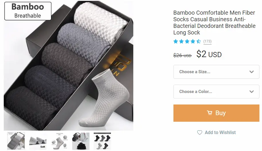 Bamboo fiber socks on Wish selling rated four and a half stars and selling for $2