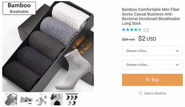 bamboo fiber socks on Wish for $2 a pair